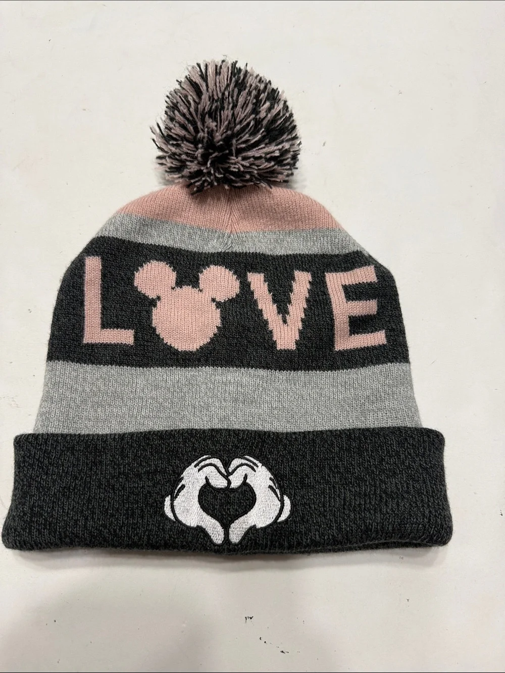 Disney Mickey Mouse Gray & Pink Pom-Top Knit Beanie with Cuffed Logo